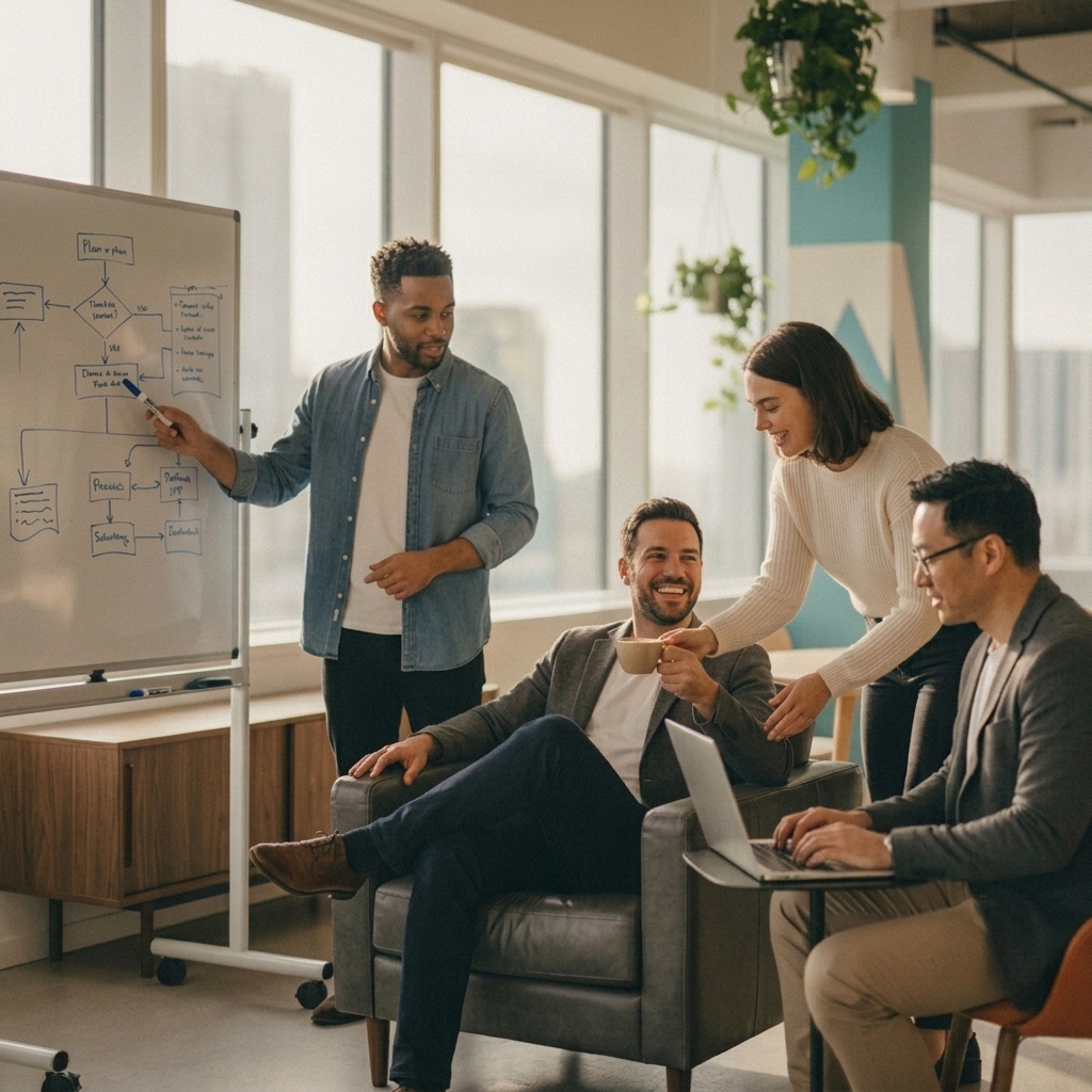 A Coeffection concierge team setting up an account while a relaxed business owner is handed a coffee