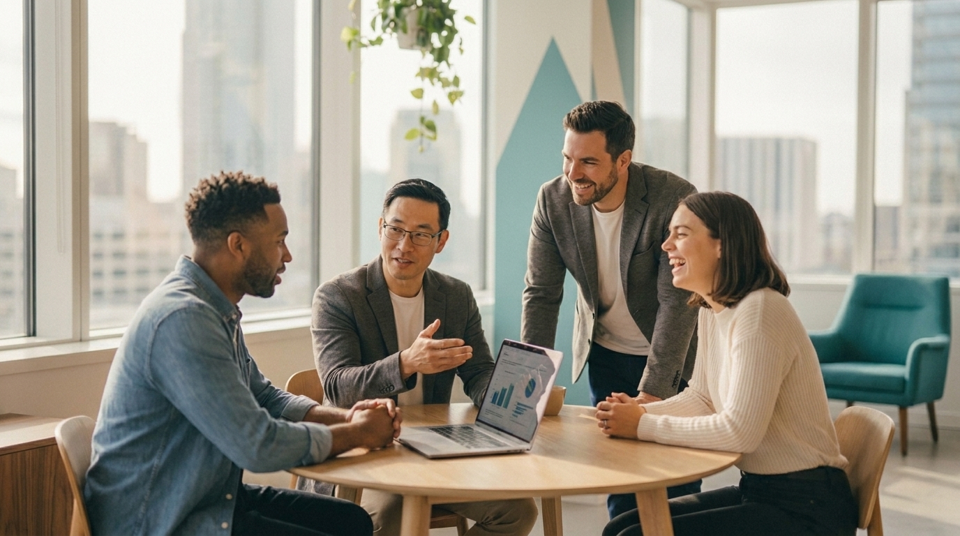 A business-casual team collaborating around a laptop in a bright office